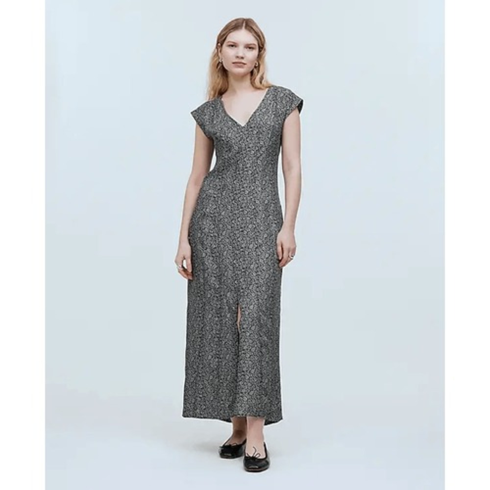Madewell Midi Dress‎ Womens 0 Black White Paisley Cupro Blend Cap Sleeve V-Neck